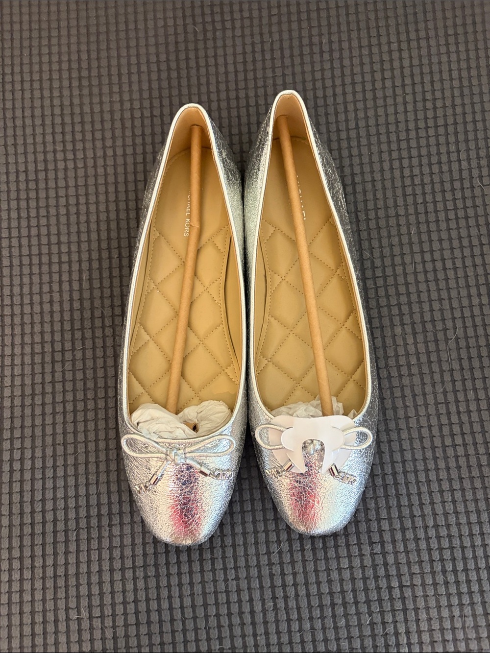 Michael Kors Metallic Silver Ballet Flats with Bow Accent